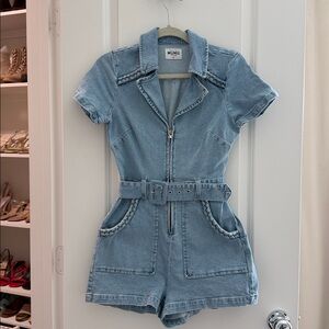 Show Me Your MuMu Light Blue Denim Short Romper with Belt